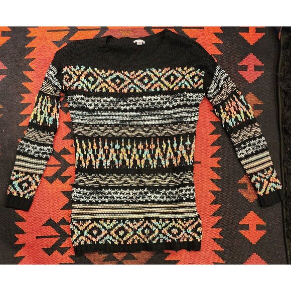 NEW Xhilaration L/G Black Knit Sweater With Multicolor Geometric Pattern - Picture 1 of 13